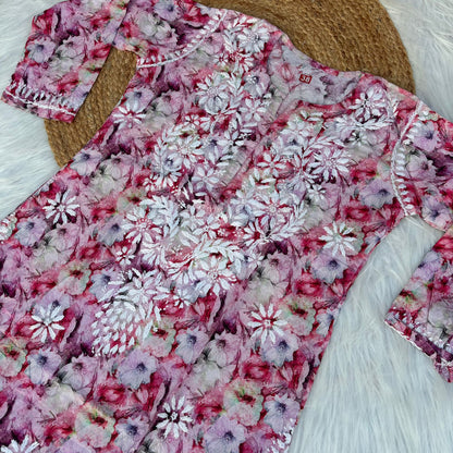 Fiza Pure Cotton Floral Lucknowi Chikankari Kurti - Pink Colour