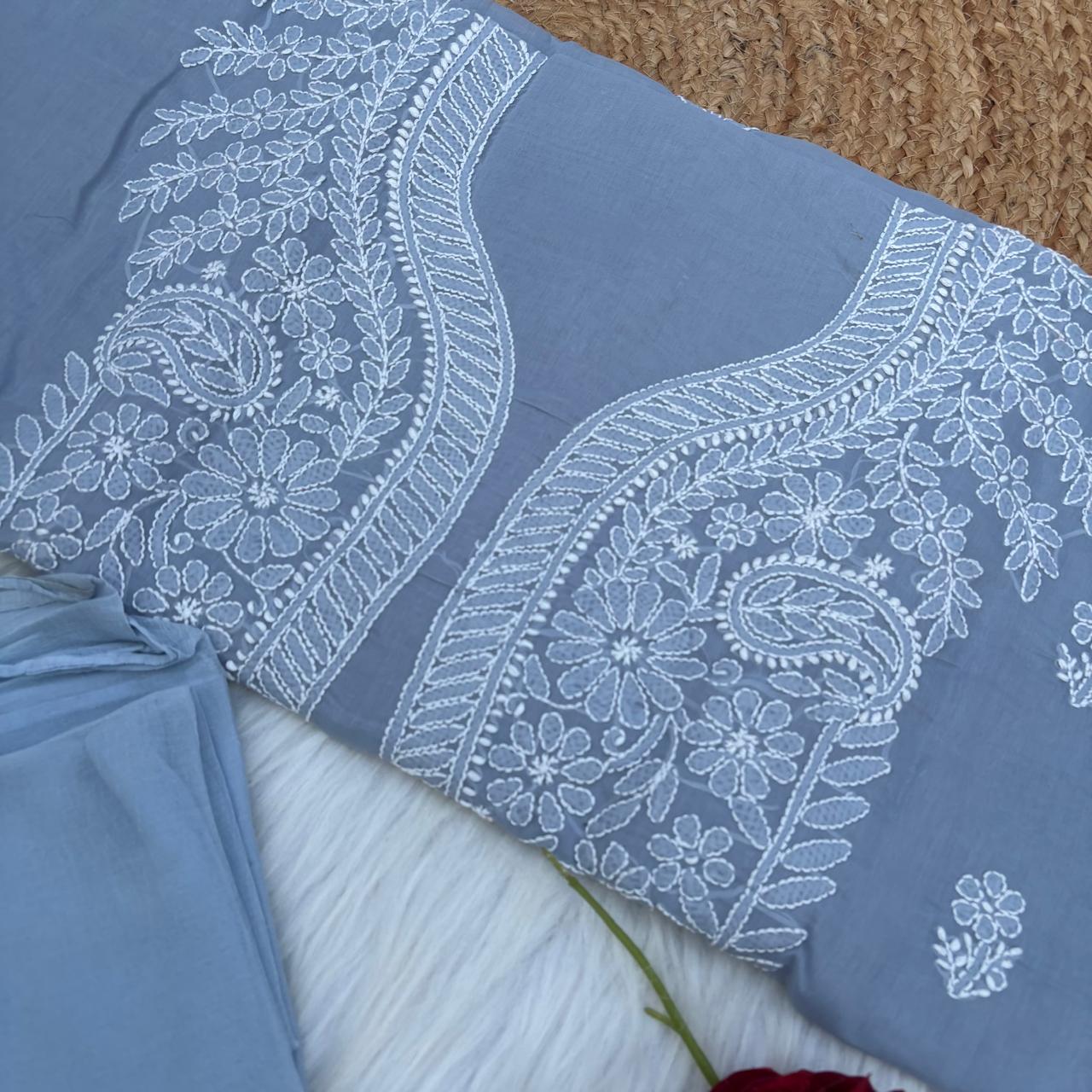 Madhuri Voile Cotton Chikankari Unstitched 3 pc set - Grey Colour
