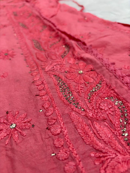 Naaz Chanderi Angrakha style Chikankari Kurti with Mukaish work -Gazri Colour