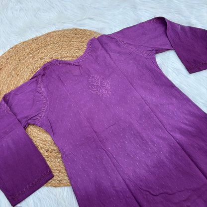 Tuba Ombre Shaded Dobby Cotton Chikankari Kurti - Wine Colour
