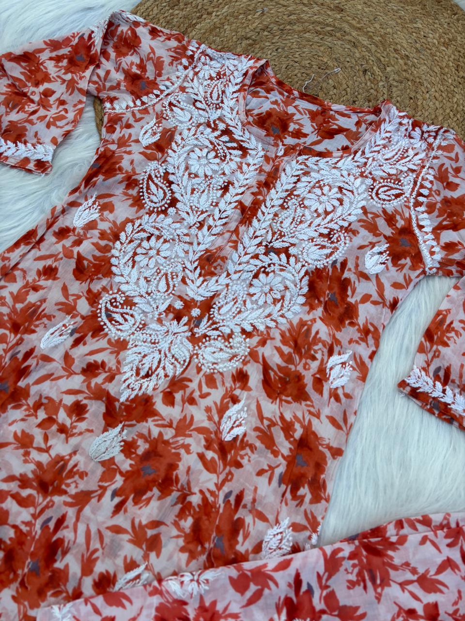 Hadaya Mulmul Cotton Chikankari Kurti Set - Orange Colour