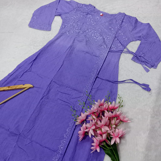 Ombre Shaded Dobby Cotton Chikankari Angarakha -Purple Colour