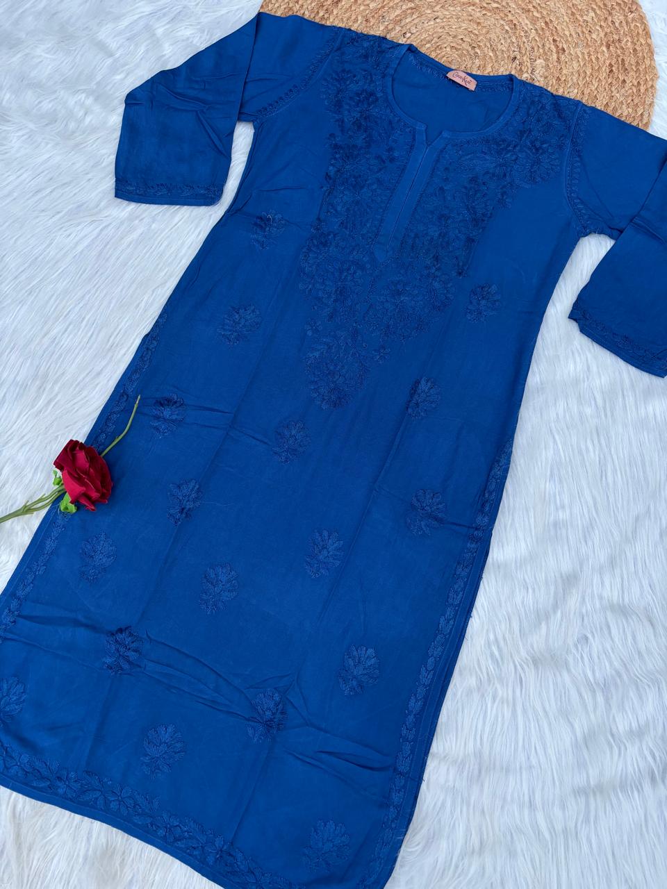 Rabab Dyeable Soft Rayon Handwork Chikankari Kurti - Blue Colour