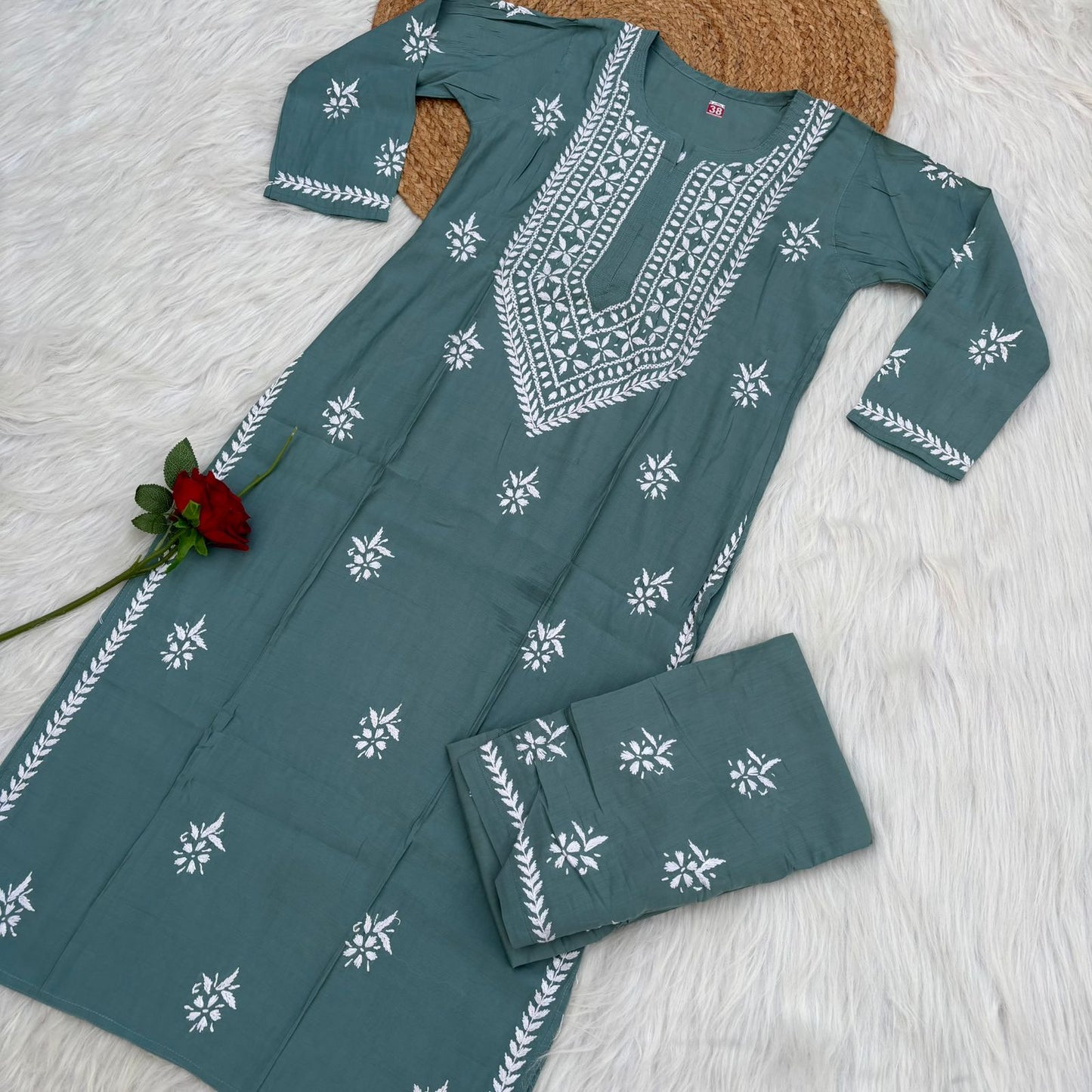Afana Silk Chikankari Kurti Plazo set T Green Colour