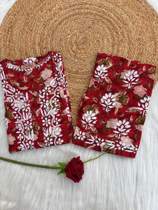 Elena Mulmul Cotton Handwork Chikankari Kurti Set - Cherry Colour