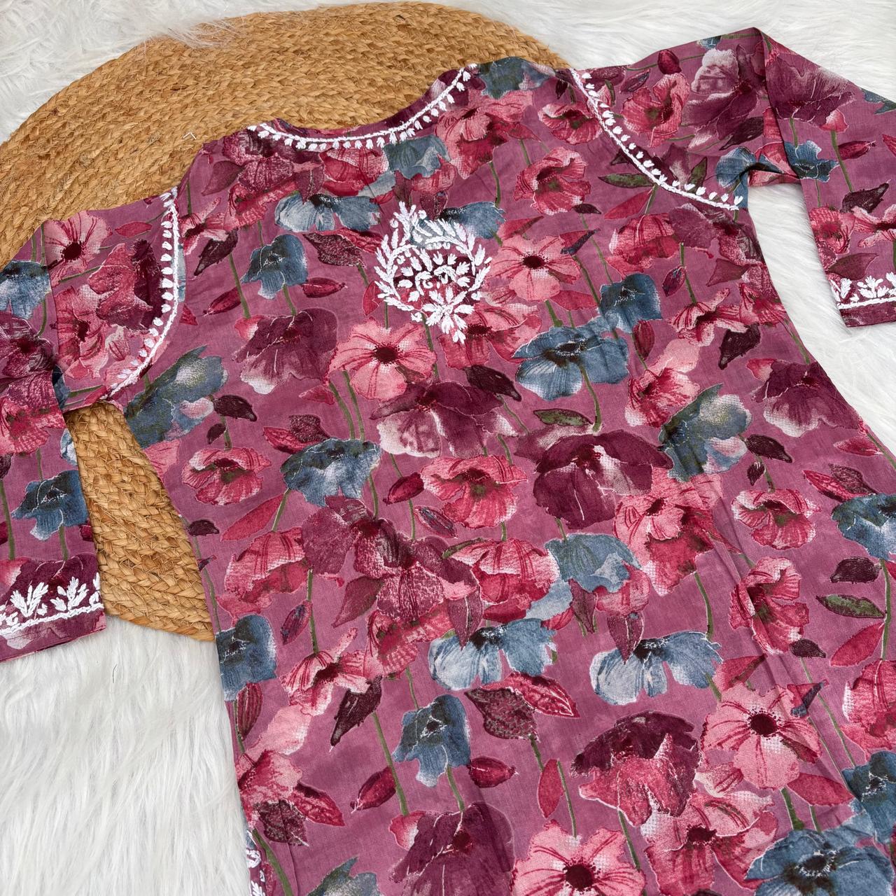 Jameela Mulmul Cotton Chikankari Kurti Set - Mauve Colour