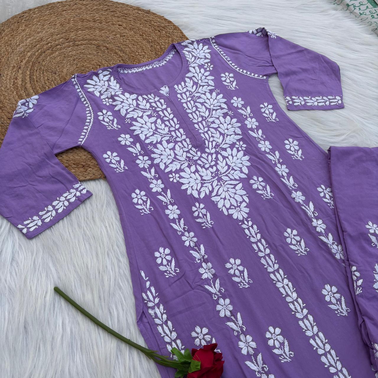 Samara Rayon Handwork Chikankari Kurti Plazo Set -  Purple Colour