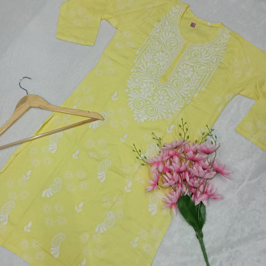 RAYON CHIKANKARI MACHINE WORK KURTI -YELLOW COLOUR