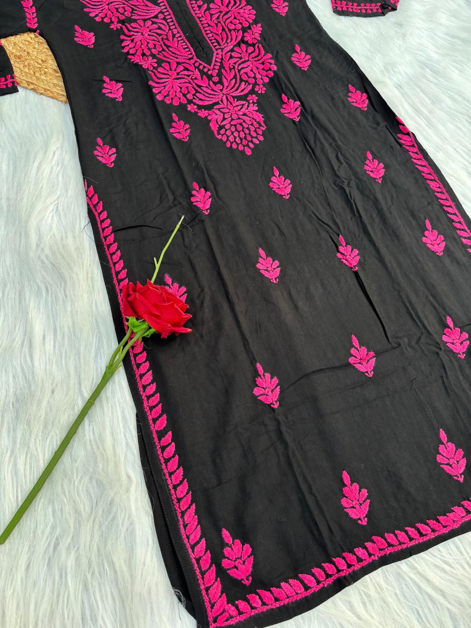 Shifa Soft Rayon Lucknowi Chikankari Kurti - Black Dark Pink Color