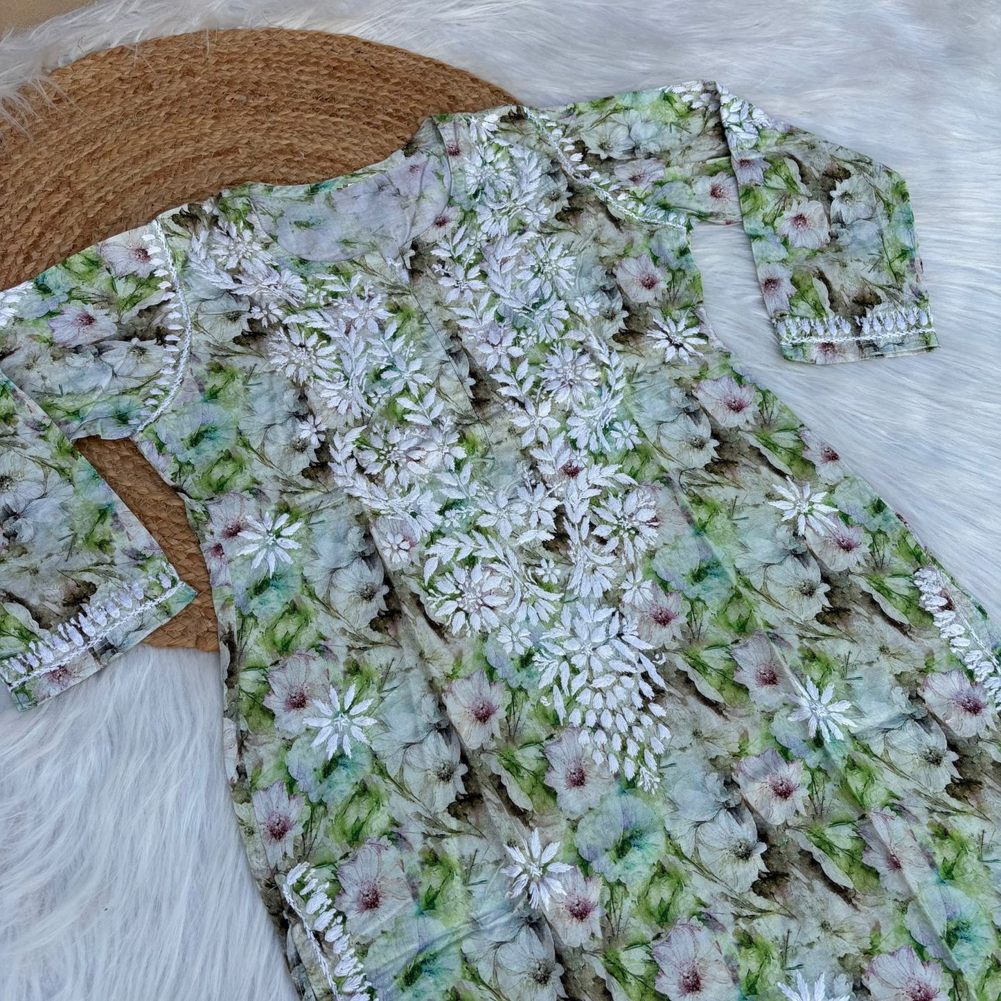 Fiza Pure Cotton Floral Lucknowi Chikankari Kurti - Green Colour