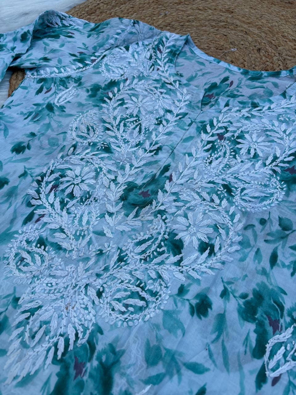 Hadaya Mulmul Cotton Chikankari Kurti Set - Sea Green Colour
