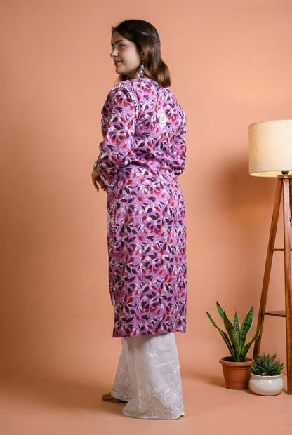 Emaya Pure Mulmul Chikankari  Handwork Kurti - Lavender Colour