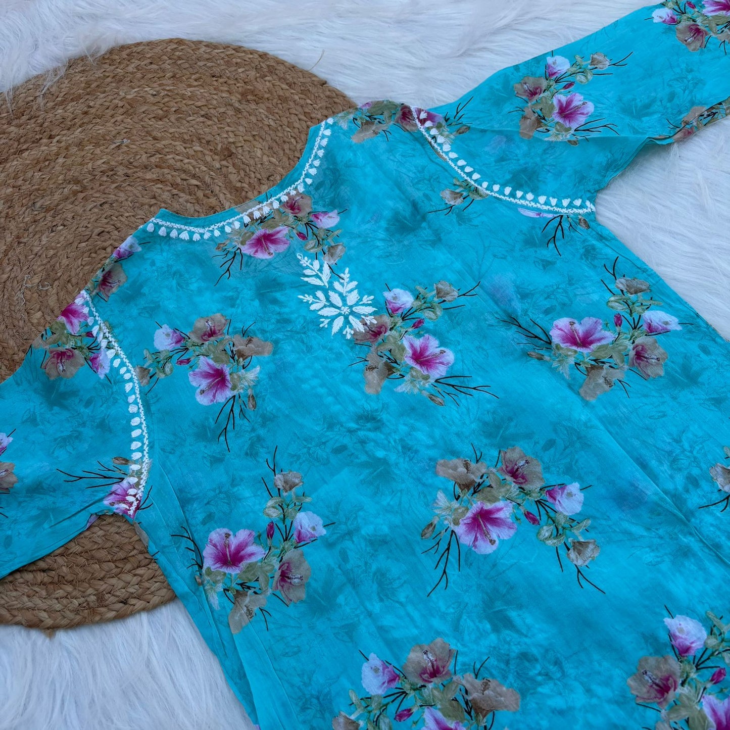 Rasha Pure Mulmul Chikankari Kurti - Sea Green Colour