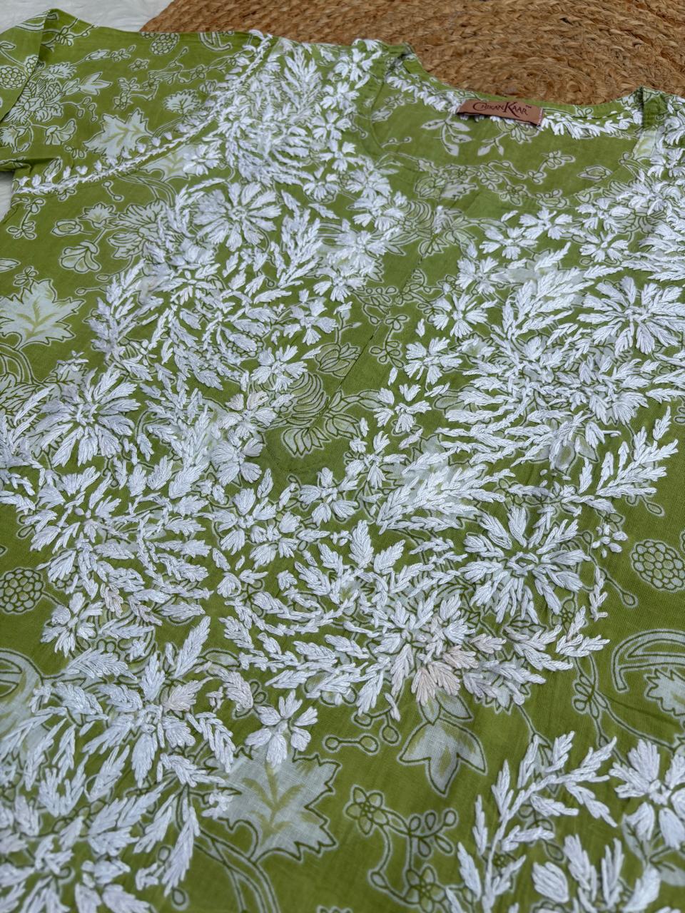 Sameera Pure Mulmul Chikankari Handwork Kurti - Green Colour
