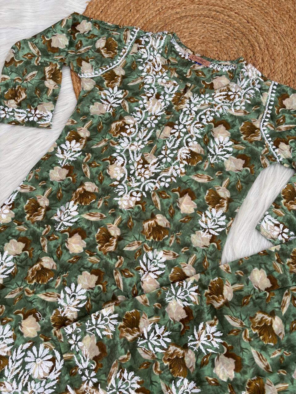 Elena Mulmul Cotton Handwork Chikankari Kurti Set - Dark Green Colour