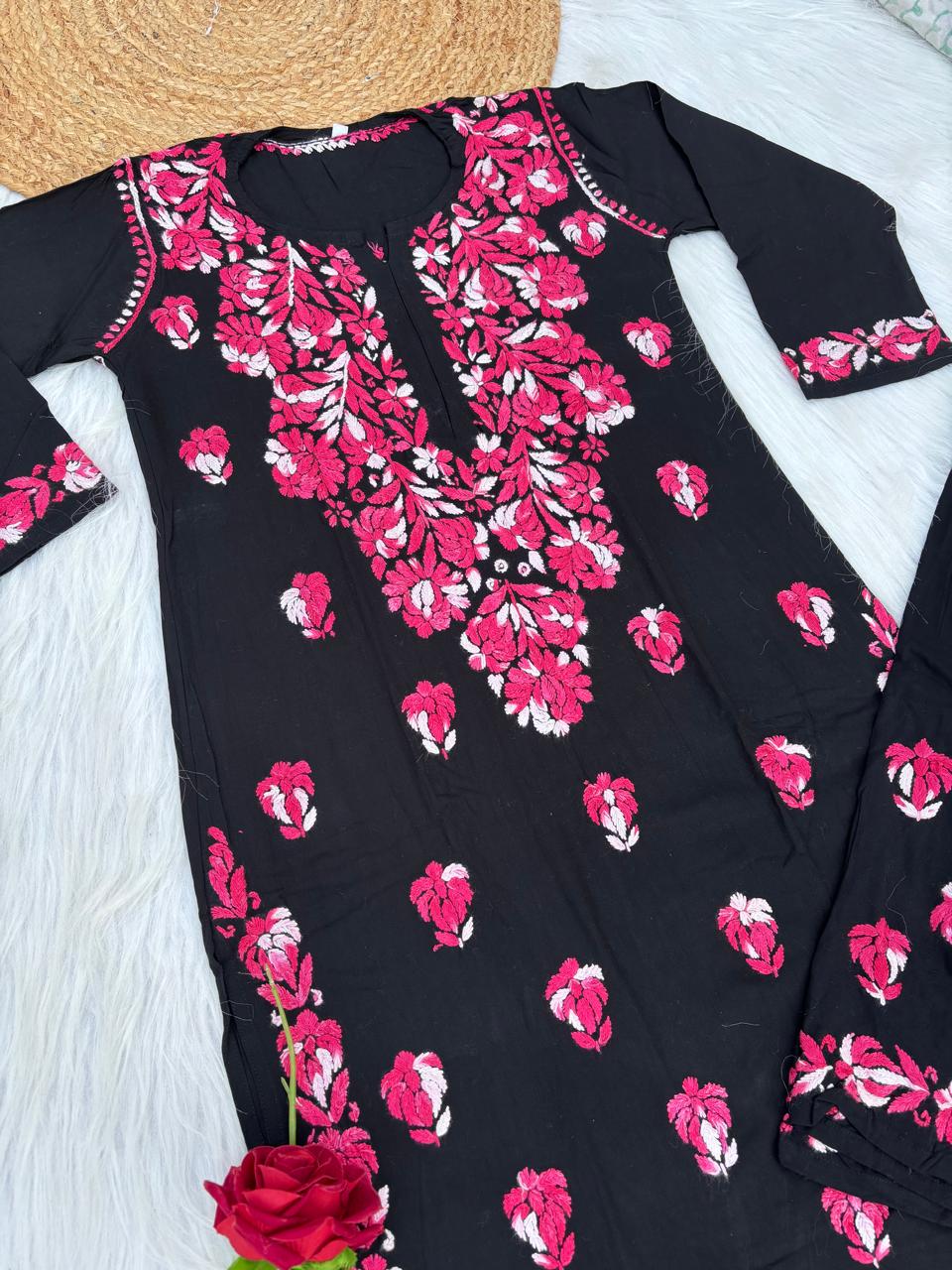 Rida Rayon Handwork Chikankari Kurti Set - Pink Colour