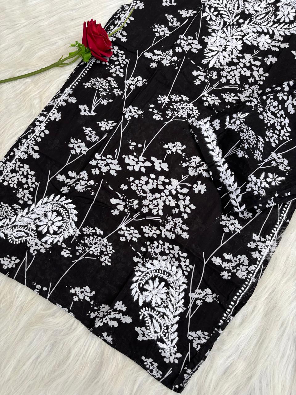 Jiya Mulmul Cotton Handwork Chikankari Kurti Set - Black Colour