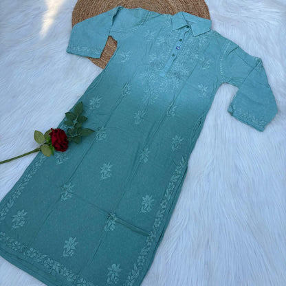 Sadia Dobby Cotton Ombre Shaded Chikankari Kurti with Collar - Rama Green Colour