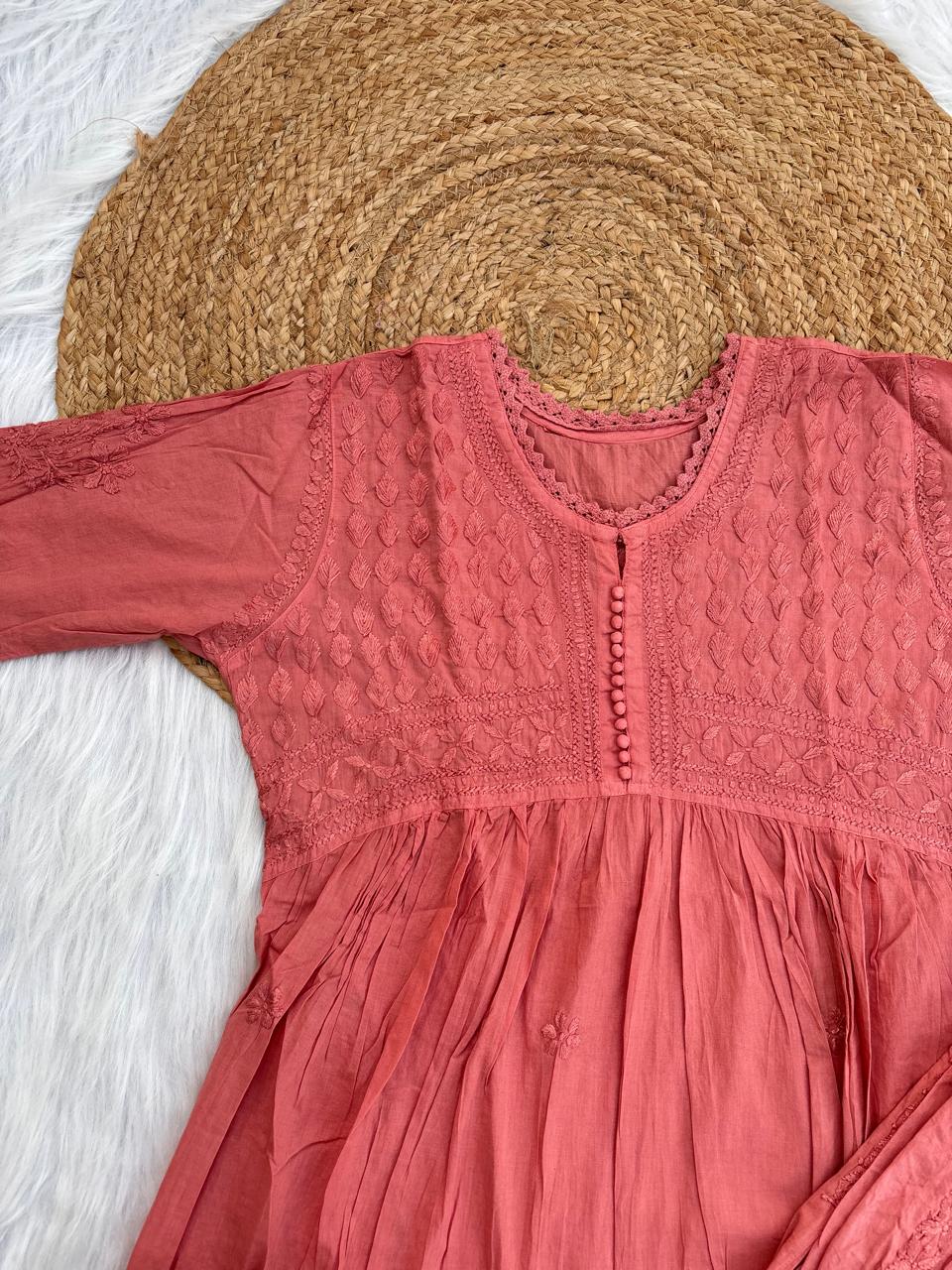 Laila Dobby Cotton Frock Style Short Kurti with Afghani Pant - Peach Color