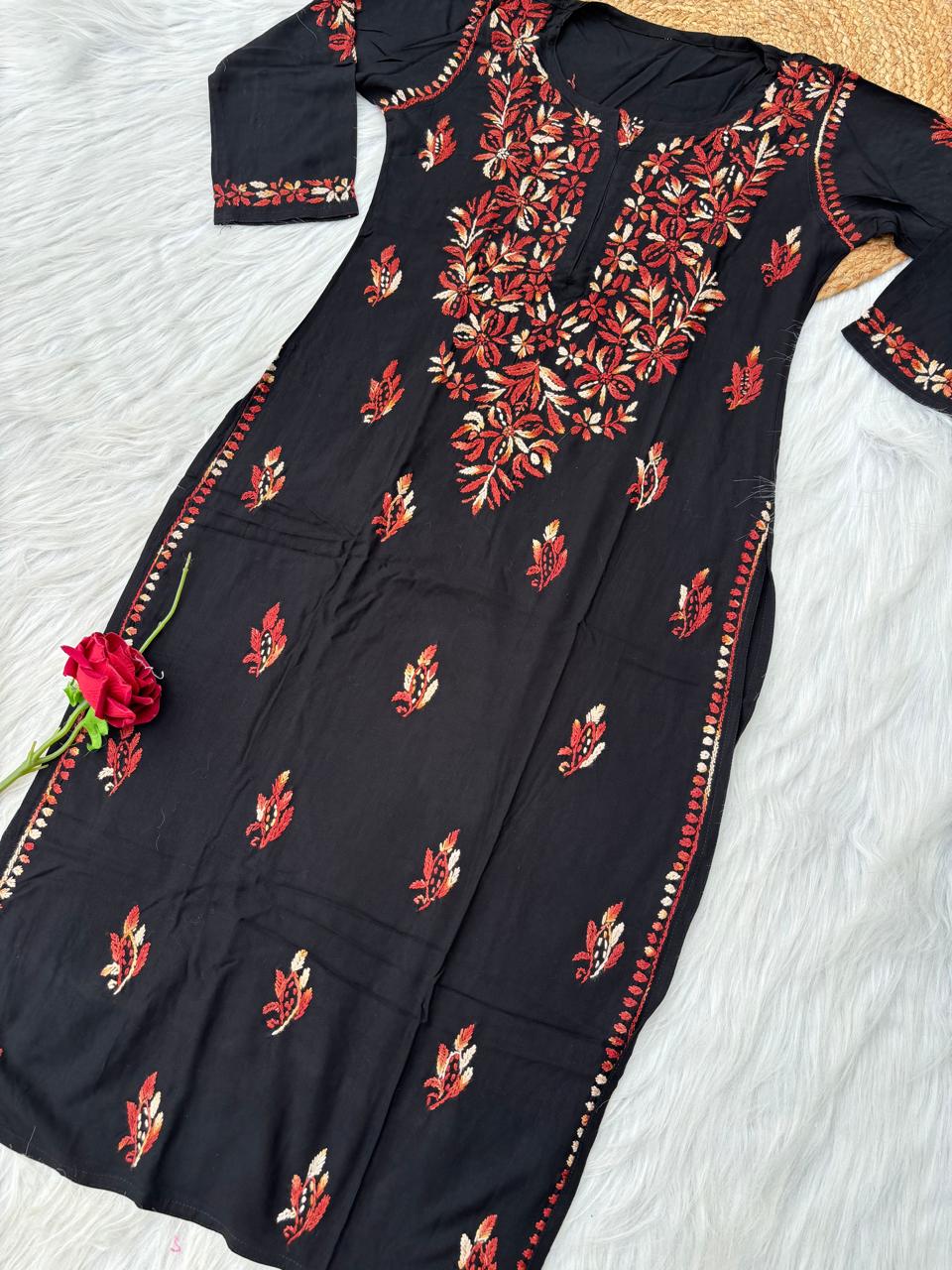 Shefrin Soft Rayon Lucknowi Handwork Chikankari Kurti - Brown Colour