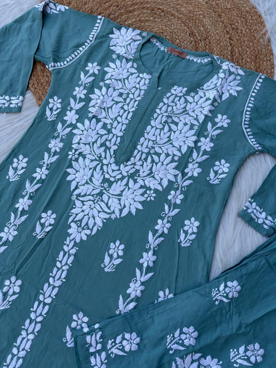 Samara Rayon Handwork Chikankari Kurti Plazo Set - Sea Green Colour