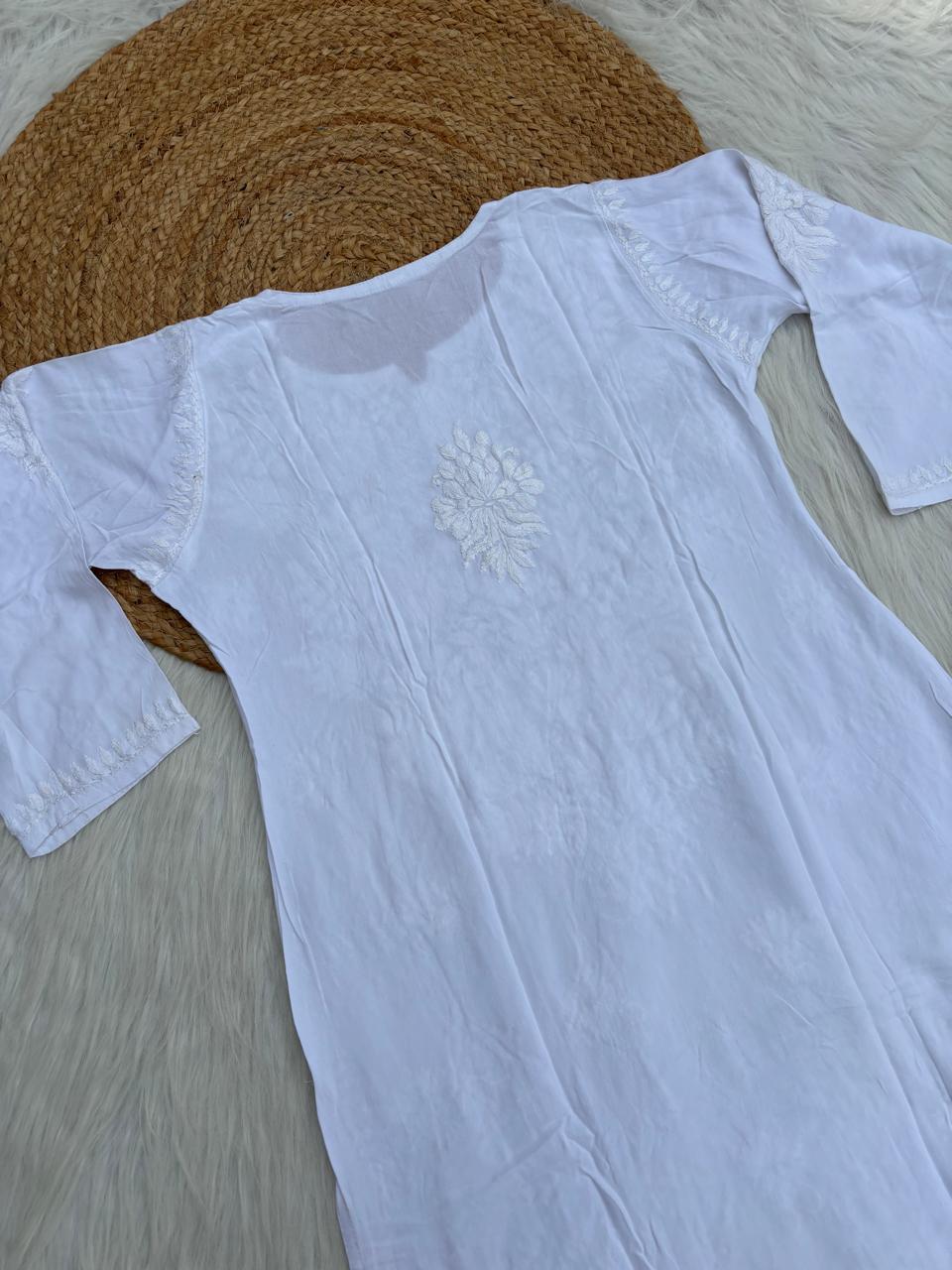Simar Soft Rayon Handwork Chikankari Kurti- White Colour