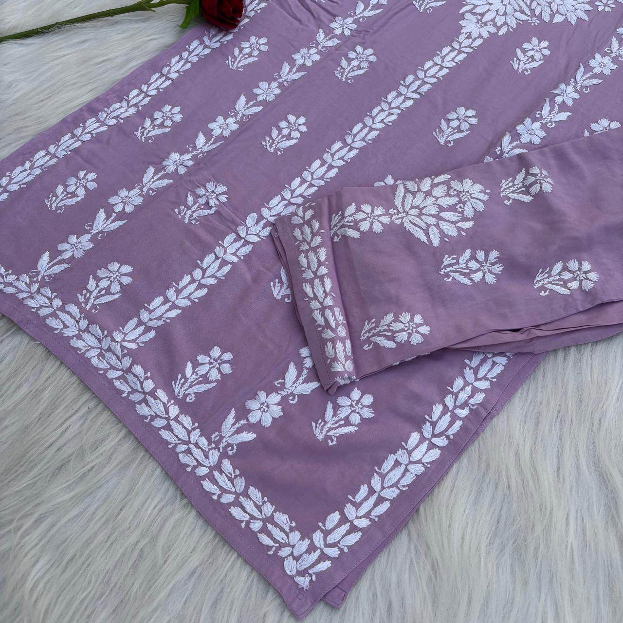 Samara Rayon Handwork Chikankari Kurti Plazo Set - Mauve Colour