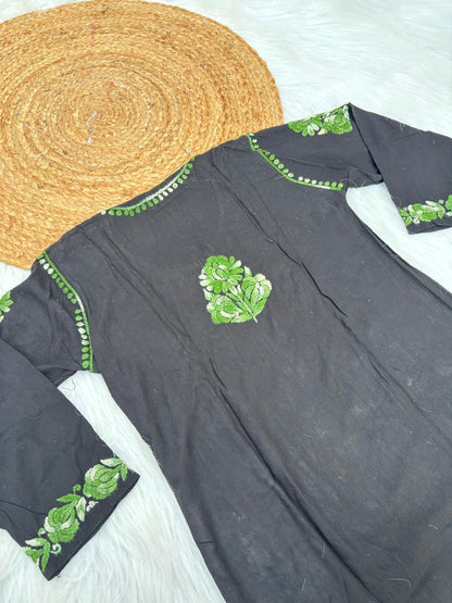 Rida Rayon Handwork Chikankari Kurti Set - Green Colour