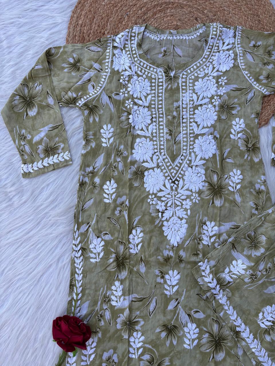 Shazia Mulmul Cotton Chikankari Kurti Set - Dark Green Colour