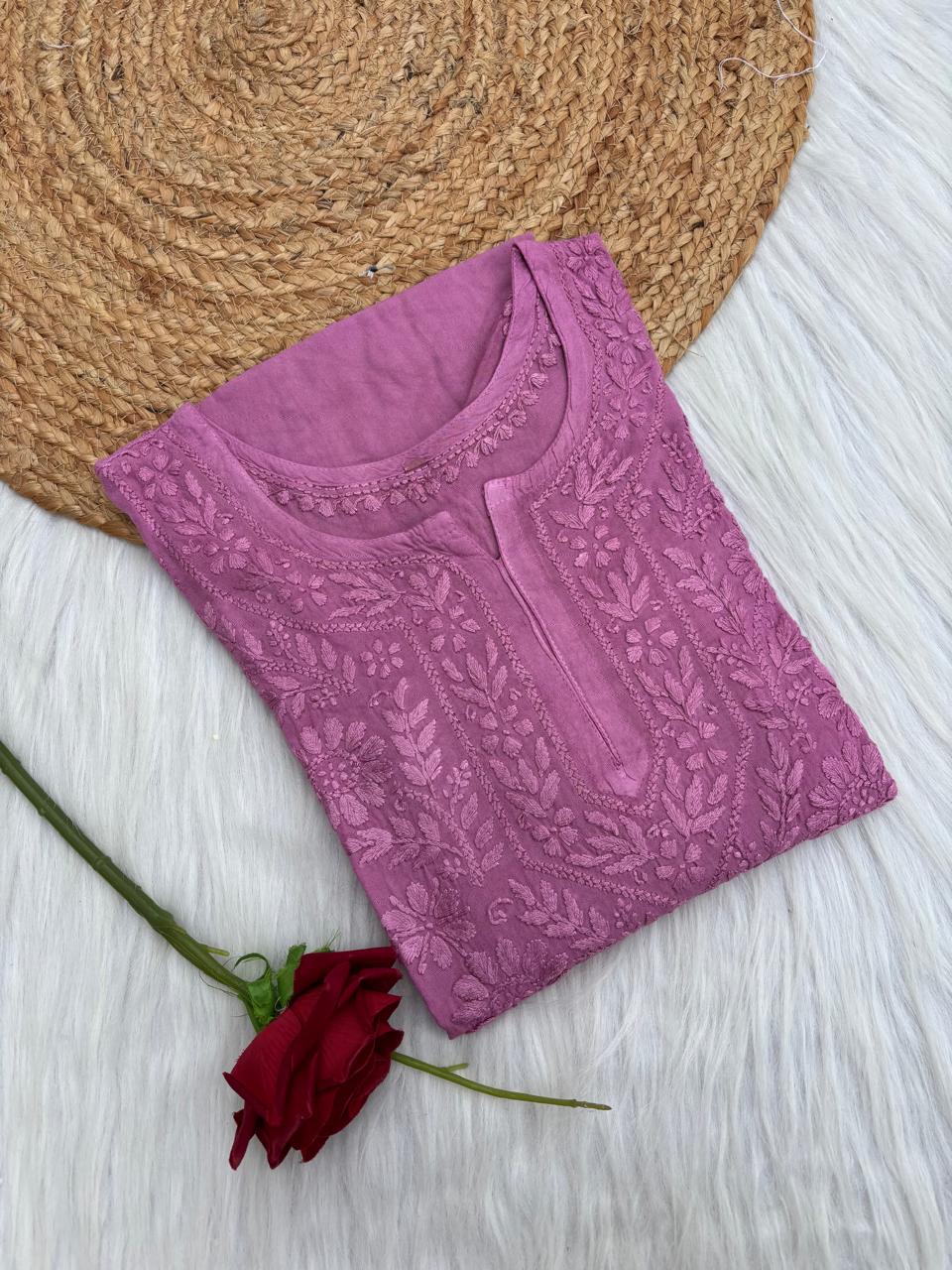 Kiara Dyeable Soft Rayon Handwork Chikankari Kurti - Mauve Colour