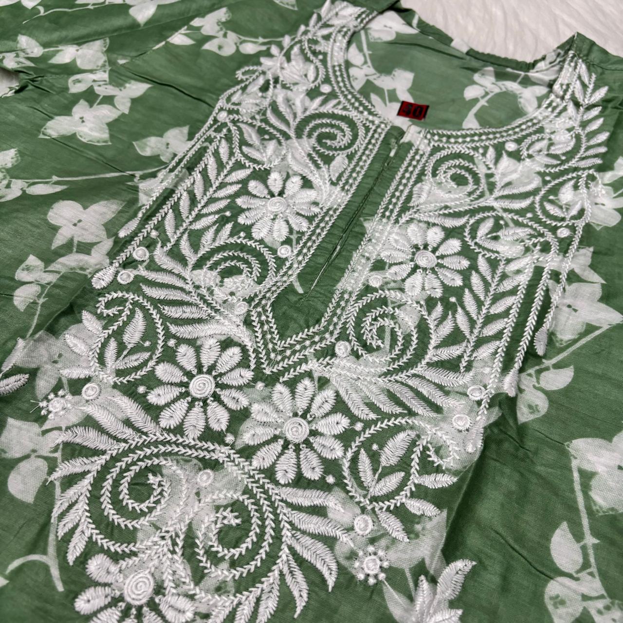 Mulmul Cotton Chikankari Machine Work Kurti - Dark Green Colour