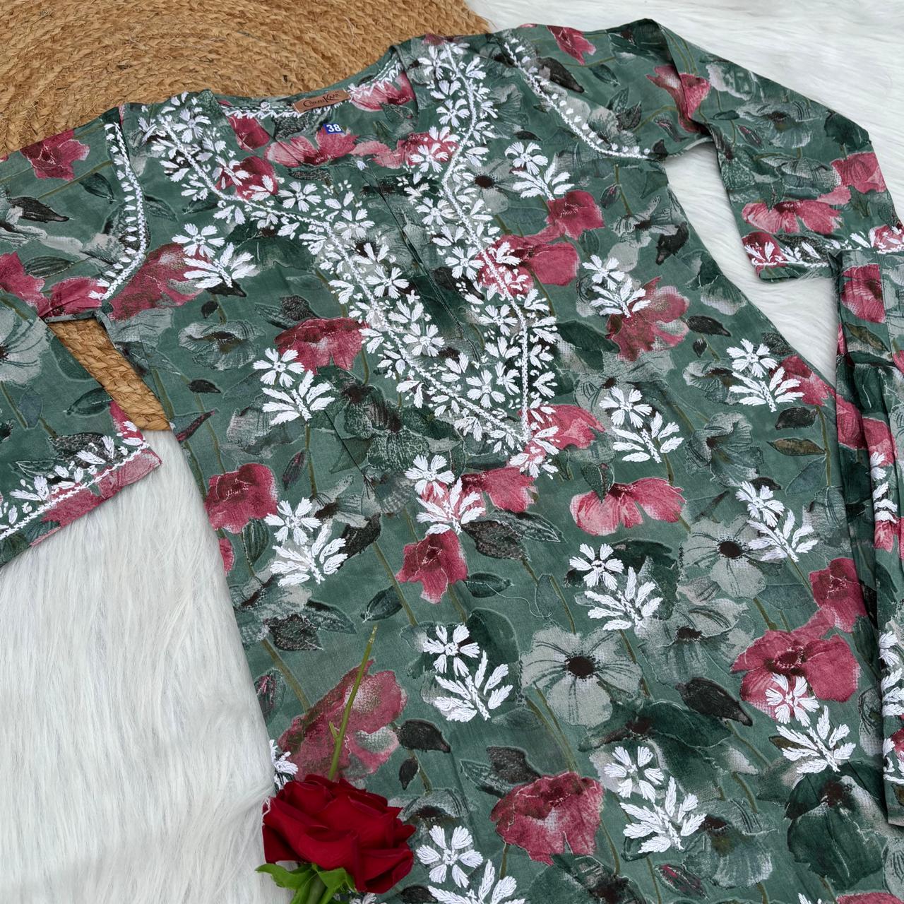 Jameela Mulmul Cotton Chikankari Kurti Set - Dark Green Colour