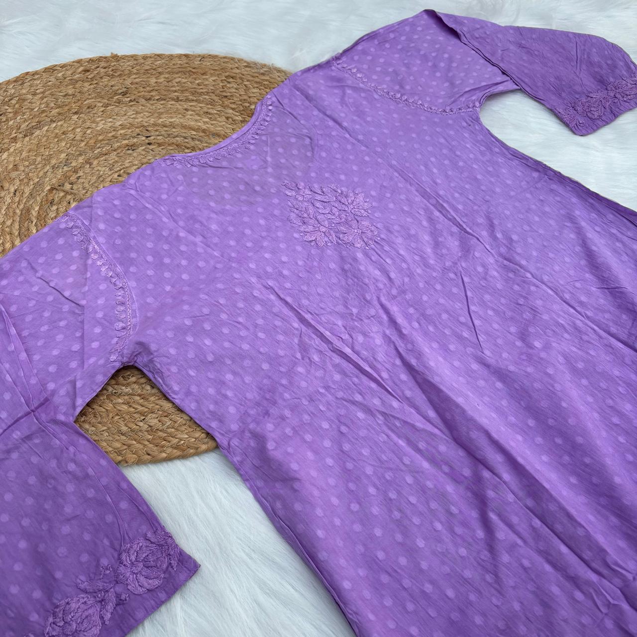 Aliya Dobby Cotton Nyra Cut Chikankari Aline Kurti - Purple Colour