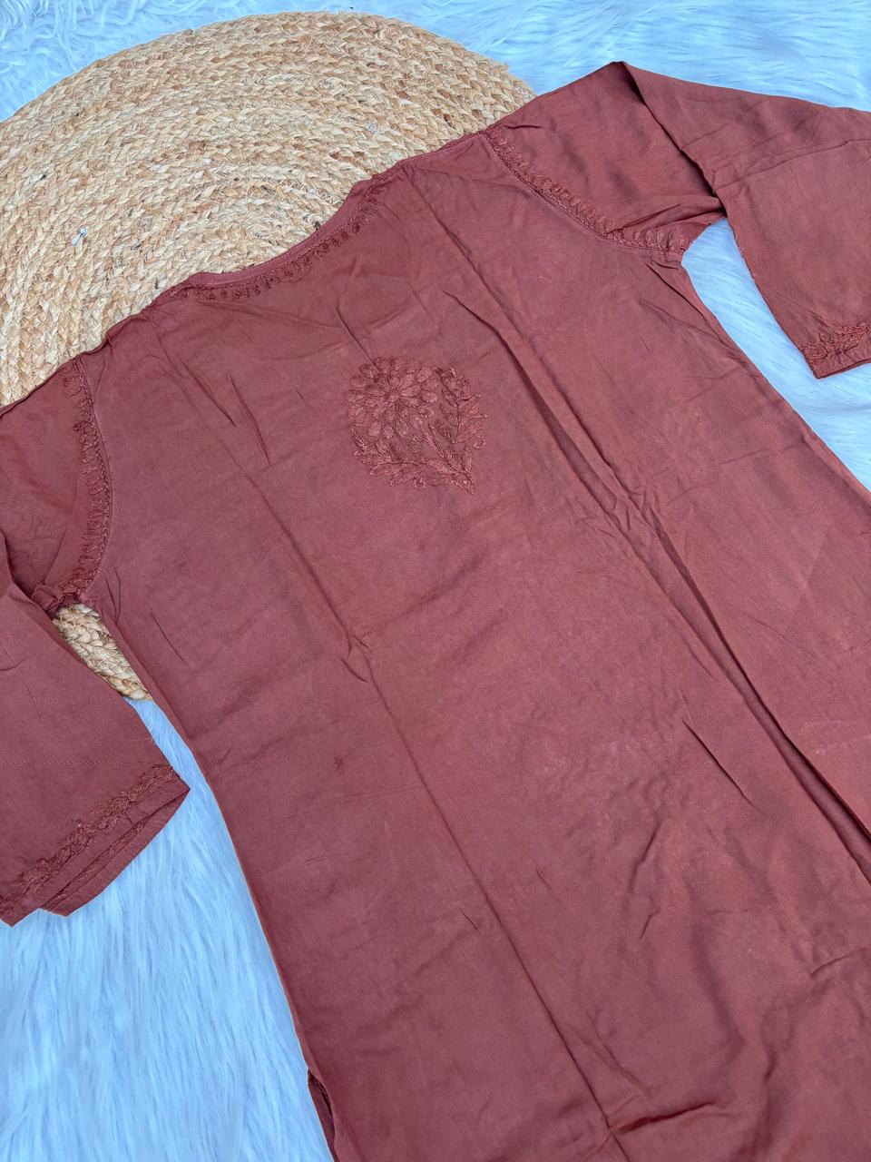 Rabab Dyeable Soft Rayon Handwork Chikankari Kurti - Brown Colour