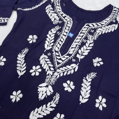 Inaya Rayon Chikankari Handwork Short Kurti -Navy Blue colour