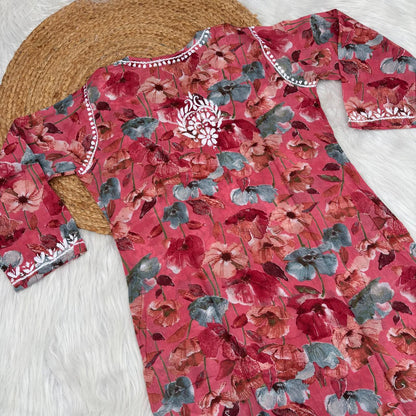 Jameela Mulmul Cotton Chikankari Kurti Set - Cherry Colour