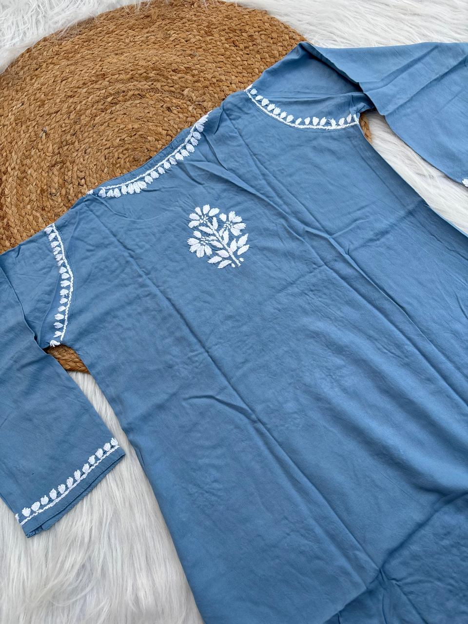 Ina Soft Rayon Handwork Chikankari Short Kurti - Blue Colour