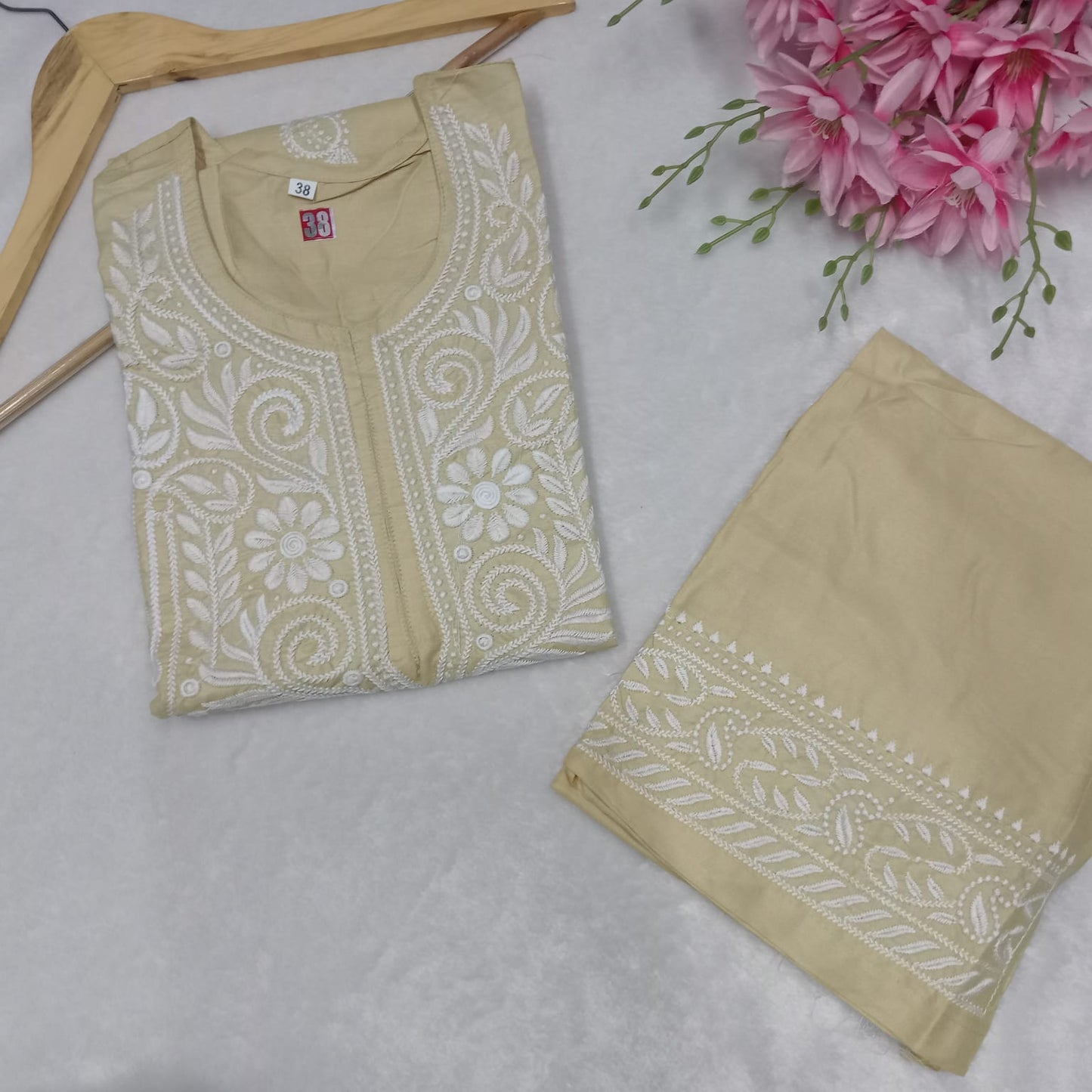 Rayon Chikankari Machine Work  Kurti Plazo Set- Skin Colour