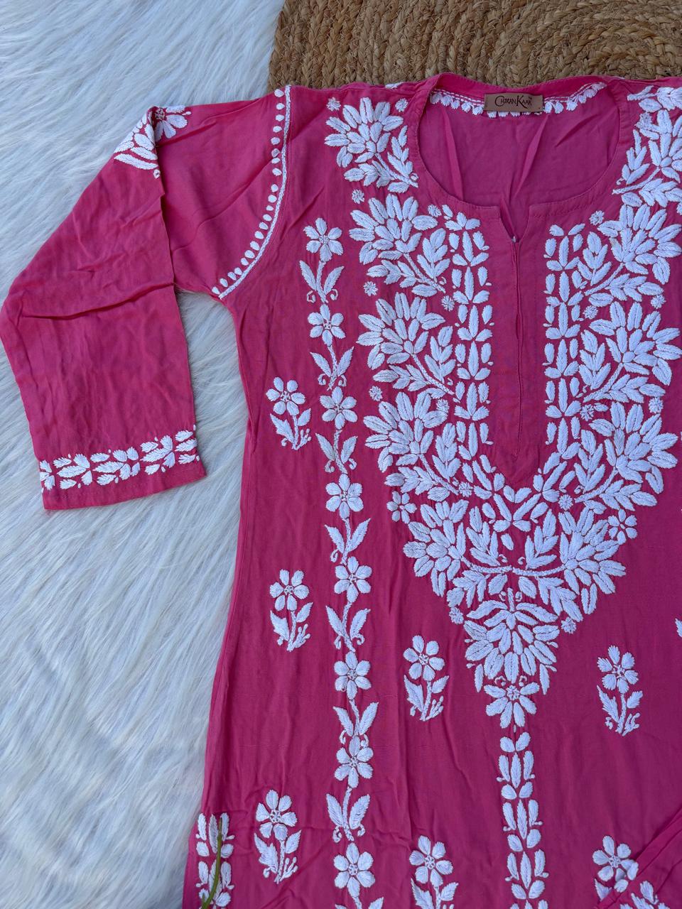 Samara Rayon Handwork Chikankari Kurti Plazo Set - Dark Pink Colour