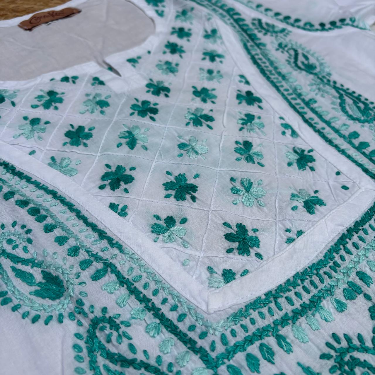 Zoya Cotton Lucknowi Chikankari Kurti - White Sea Green Color