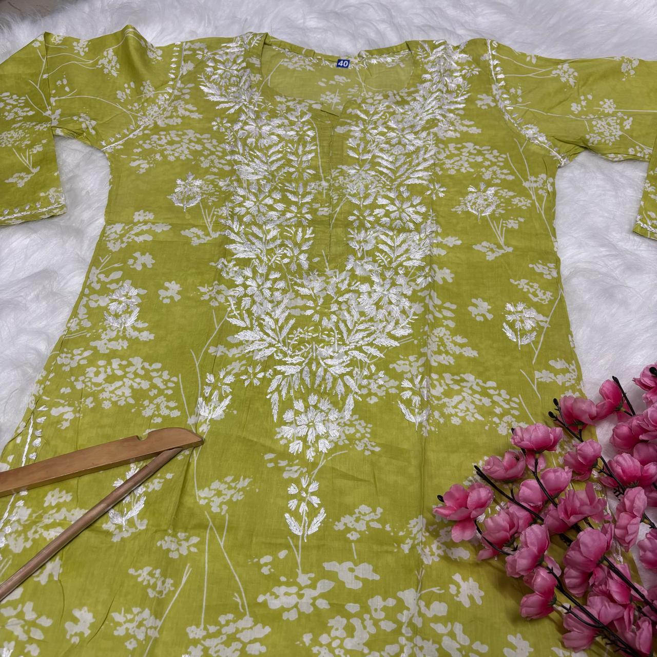 Mahira Sharma Inspired Pure Mulmul Printed Chikankari Handwork Kurti -Parrot Colour