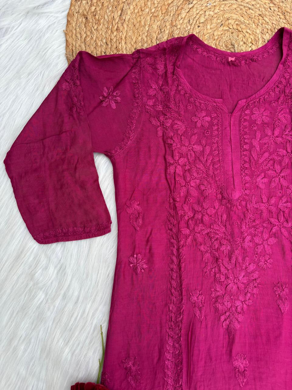 Nadia Muslin Lucknowi Chikankari Kurti Pant Set - Wine Color