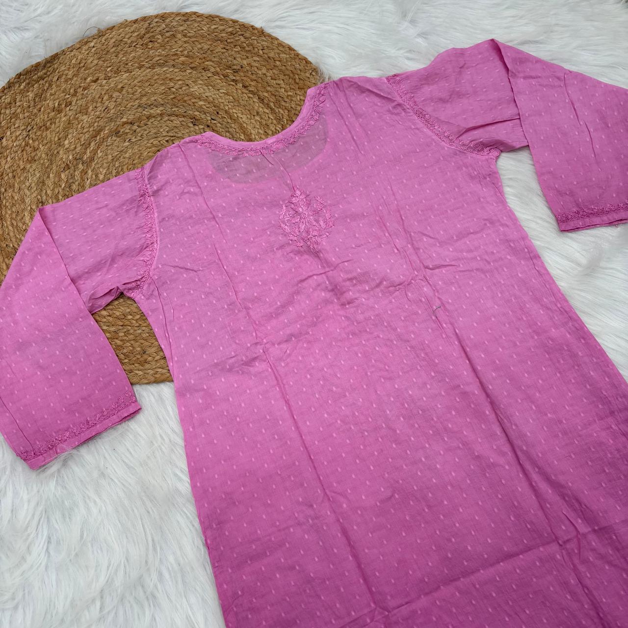 Farah Ombre Shaded Dobby Cotton Chikankari Kurti - Pink colour