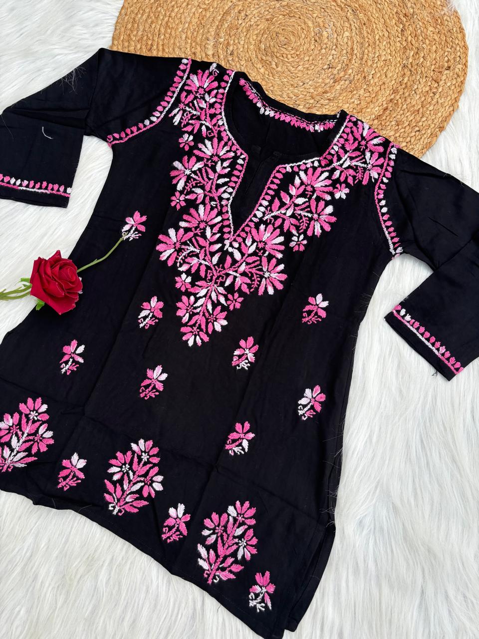Mahek Soft Rayon Handwork Chikankari Short Kurti- Baby Pink Colour