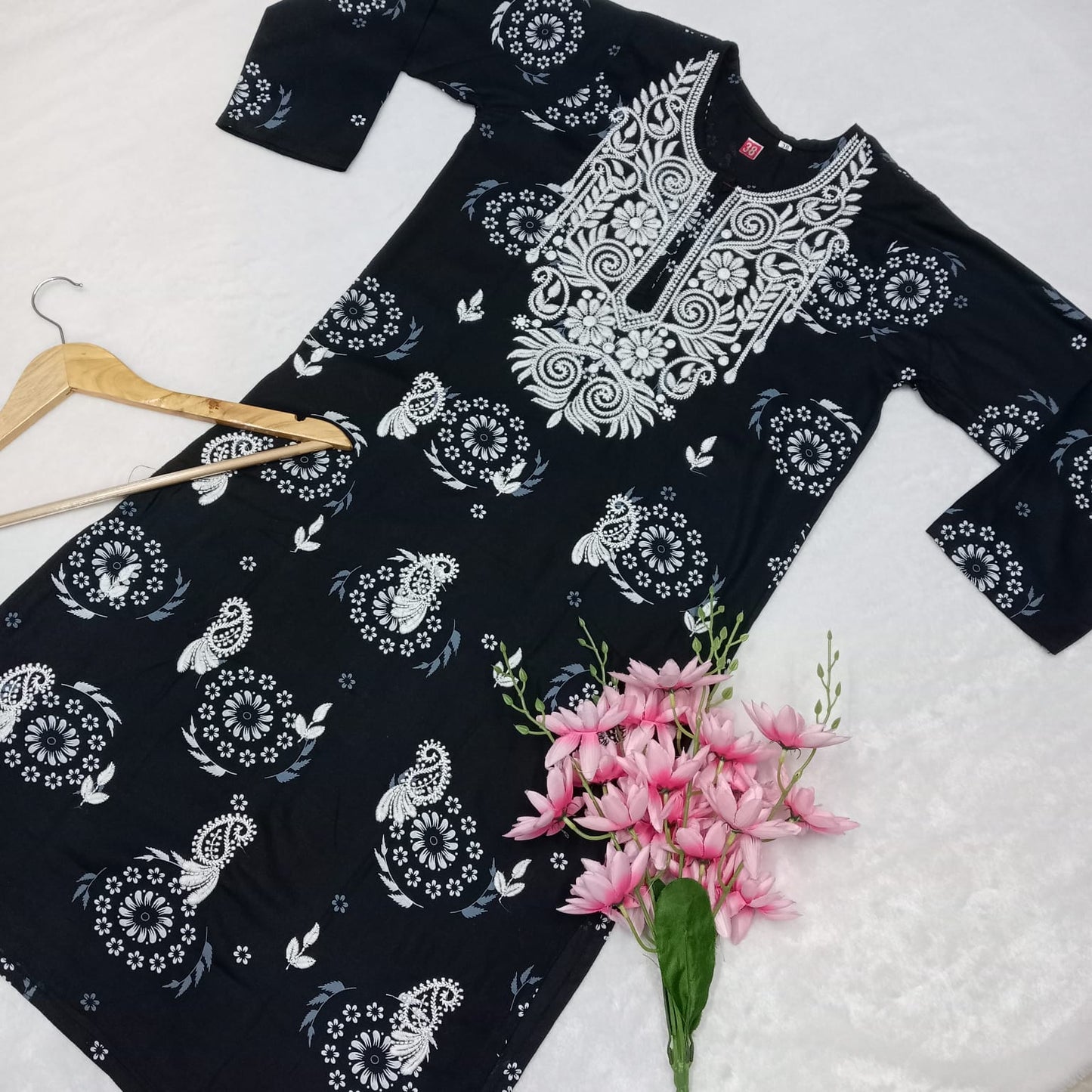 Rayon Chikankari Machine Work Kurti -Black Colour