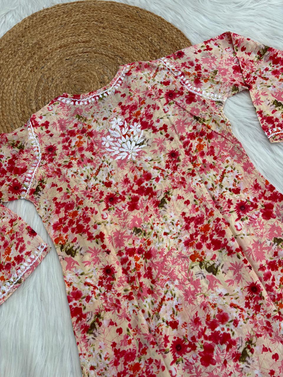 Fatima Pure Mulmul Chikankari  Handwork Kurti - Red Colour