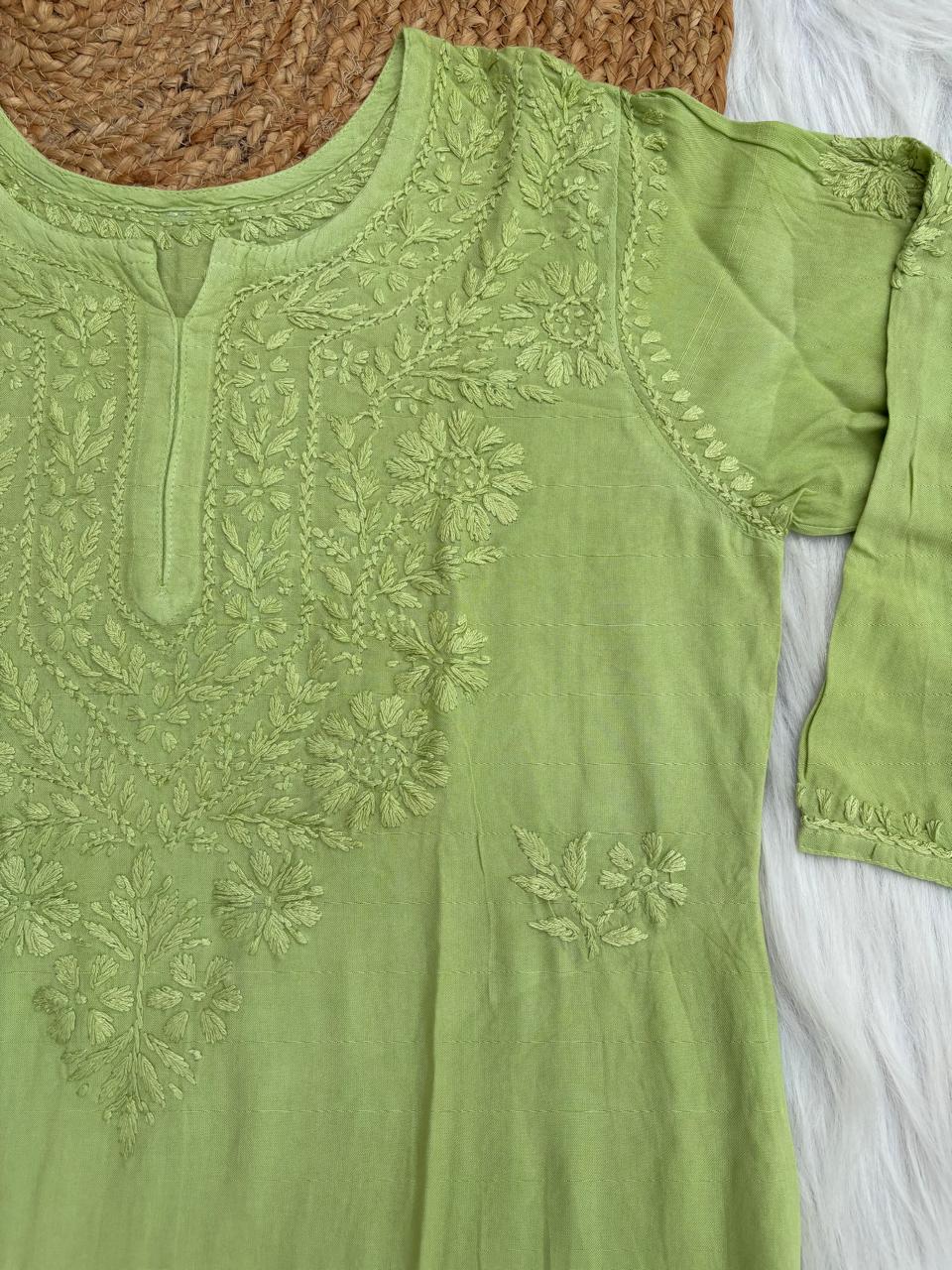 Kiara Dyeable Soft Rayon Handwork Chikankari Kurti - Green Colour