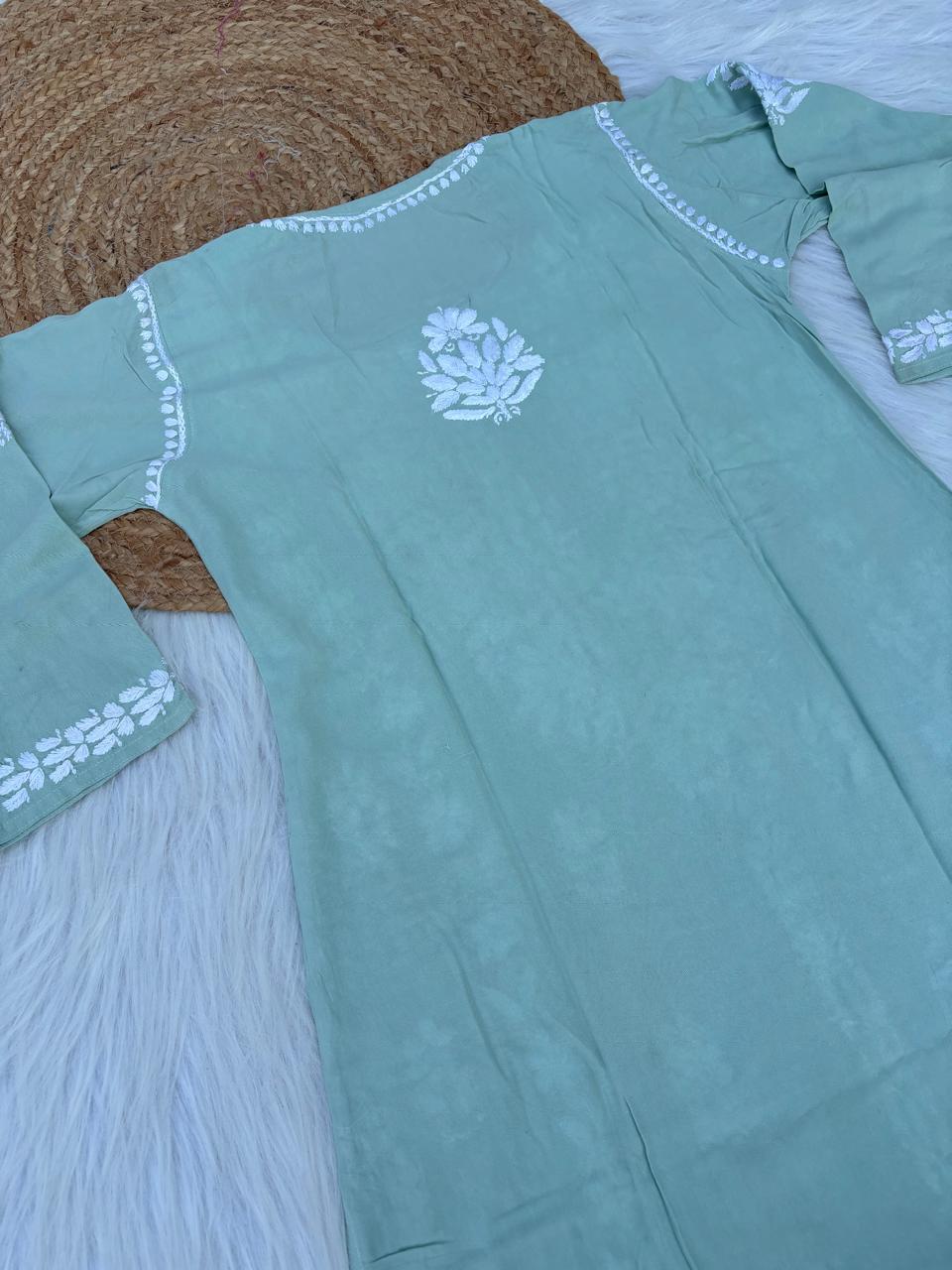 Samara Rayon Handwork Chikankari Kurti Plazo Set - Pista Green Colour