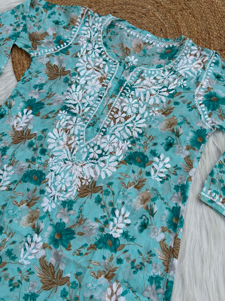 Alina Pure Mulmul Chikankari Handwork Kurti - Sea Green Colour