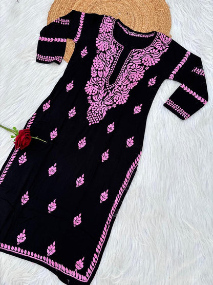 Shifa Soft Rayon Lucknowi Chikankari Kurti - Black Pink Color